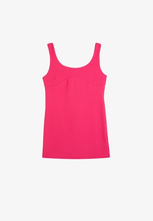 Fitted, sleeveless pink top with a rounded neckline and subtle texturing. Features a contoured seam under the bust for shape enhancement.