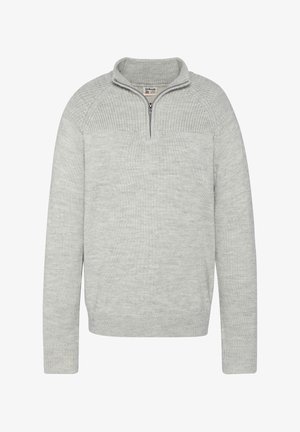 Pull en maille gris clair avec un col zippé quart, un design texturé, des poignets côtelés et une construction d'épaule sans couture.
