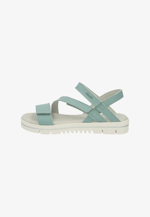 Light blue open-toe sandal with adjustable straps and white cushioned sole, side view on a white background.