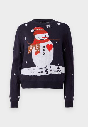 Suéter de punto azul marino con diseño de muñeco de nieve que lleva una bufanda roja, un corazón y copos de nieve. Cuello redondo y mangas largas con detalles en blanco.