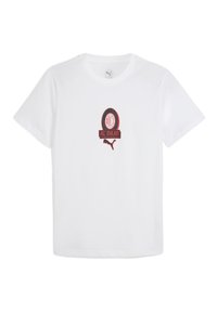 Weißes Baumwoll-T-Shirt mit rotem AC Milan-Logo und schwarzem Puma-Branding. Glatte Textur, kurze Ärmel und klassisches Rundhalsdesign.