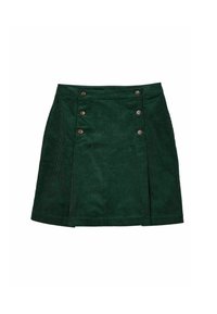 Grüner Cordrock mit einem ausgestellten Schnitt, der fünf braune Knopfdetails auf der Vorderseite und eine vertikale Rippstruktur aufweist.