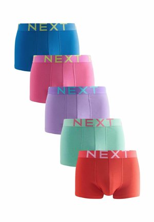 Fünf Boxershorts-Paare in Blau, Pink, Lila, Grün und Rot. Jede hat einen kontrastierenden elastischen Bund mit dem Schriftzug "NEXT" in fetten Buchstaben.