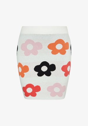 Kötött szoknya világos háttérrel, fekete, narancssárga, rózsaszín és piros színű, sokszínű virágmintákkal. Testhez simuló szabás, bordás derékrésszel.