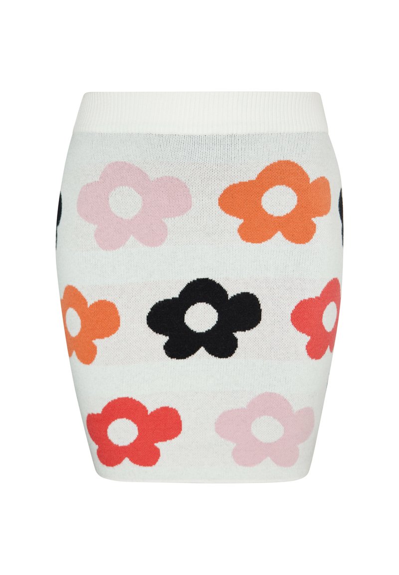 Knit skirt featuring a light background with multicolored flower patterns in black, orange, pink, and red. Fitted cut with a ribbed waist.