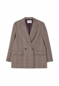 Dubbelzijdige blazer in een bruine, zwarte en rode ruitpatroon. Beschikt over piekrevers, twee voorzakken en een gladde voering.