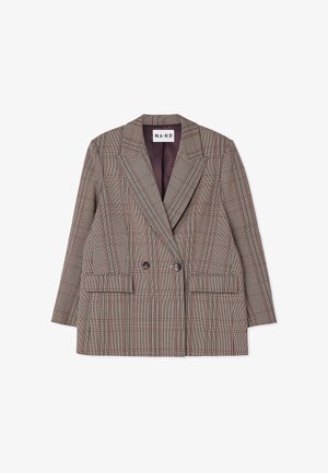 Tvåknäppt kavaj i ett rutmönster av brunt, svart och rött. Med spetsiga slag, två framfickor och en slät foder.