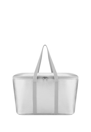 Isolierte silberne weiche Kühltasche mit doppelten Griffen und Reißverschluss oben, entworfen zur Aufbewahrung von Lebensmitteln und Getränken.