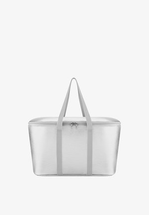 Isolierte silberne weiche Kühltasche mit doppelten Griffen und Reißverschluss oben, entworfen zur Aufbewahrung von Lebensmitteln und Getränken.