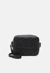 Black leather crossbody bag with quilted pattern, embossed "VALENTINO" logo, gold-tone hardware, and adjustable strap. Rectangular shape.