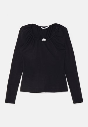 Μαύρη μπλούζα με μακριά μανίκια φτιαγμένη από μαλακό ύφασμα, με κ gathered λαιμόκοψη και άνοιγμα κλειδώματος στην πλάτη. Κομψή γραμμή με ενιαίο χρώμα.