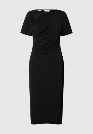 Černé šaty do kolen s krátkými rukávy a rýhovaným detailem přes hruď a pas, přiléhavý střih.