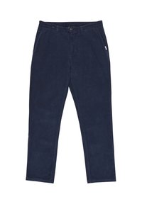 Pantalones de pana azul marino con corte recto, que cuentan con un cierre frontal de botón, dos bolsillos laterales y una pequeña etiqueta en la cintura.