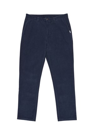 Marineblaue Cordhosen mit geradem Schnitt, ausgestattet mit einem Knopfverschluss vorne, zwei seitlichen Taschen und einem kleinen Etikett am Bund.