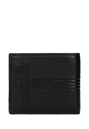 Cartera de cuero negro texturizado con doble pliegue, bordes cosidos, varias ranuras horizontales para tarjetas y un logo vertical en relieve.