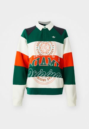 Grön, vit och orange randig sweatshirt med krage. Har en University of Miami-logotyp och text, samt en Adidas trefoil-emblem.