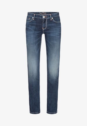 Jeans en denim bleu foncé avec une coupe droite, poches avant et coutures contrastées le long des coutures.