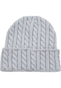 Berretto lavorato a maglia grigio con motivo a trecce, texture morbida e risvolto. Realizzato in materiale caldo e elastico per garantire comfort.