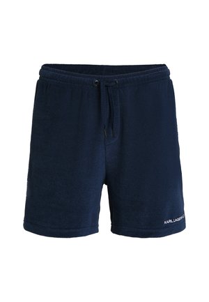 Donkerblauwe badstof shorts met een elastische tailleband, verstelbaar koord en klein wit logo aan de onderzijde rechts.