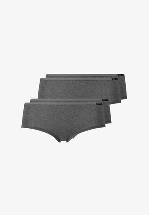 Kolme paria yksinkertaisia tummanharmaita naisten hipsterialushousuja pinottuna, jokaisessa pienellä mustalla merkkitagilla vyötäröllä.