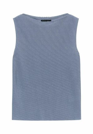 Sleeveless blue ribbed top with a round neckline and subtle texture. Designed for a fitted silhouette, featuring a simple, clean design.