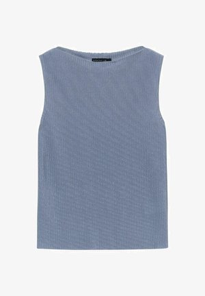 Haut sans manches bleu en rib pour femmes, avec un col rond et une texture subtile. Conçu pour une silhouette ajustée, il présente un design simple et épuré.