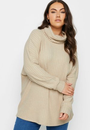 Beige gerippter Rollkragenpullover mit langen Ärmeln und lockerer Passform. Weicher Stoff mit strukturiertem Finish und überschnittener Schulter.