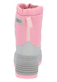 Rosa wasserdichte Stiefel mit grauen Akzenten, Obermaterial aus Textil, Gummisohle und Ziehhilfe oben. CMP-Logo auf der Rückseite und der Seite. Strukturiertes Finish.