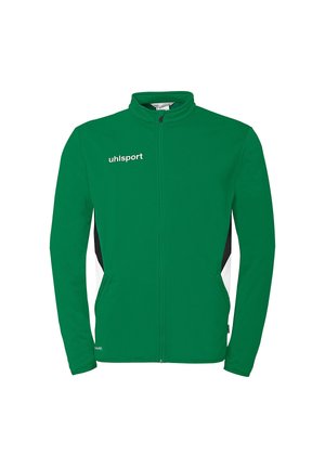 Veste de sport verte à fermeture éclair complète avec des panneaux latéraux noirs et blancs, col montant, et logo "uhlsport" sur la poitrine gauche.