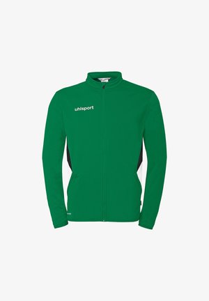 Groen sportjack met rits over de hele lengte, zwarte en witte zijpanelen, hoge kraag en "uhlsport" logo op de linkerkant van de borst.