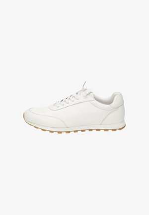 White leather low-top sneaker with lace-up front and light brown rubber sole, shown from the inner side on a white background.