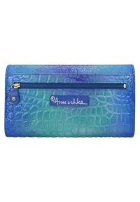 Krokodillenleer portemonnee in een gradient van blauw en turquoise, met een ritsvak en een gestikt logo patch.