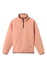 Pull en polaire rose pâle matelassé avec col montant, fermeture éclair mi-longue à l'avant et deux poches latérales. Doté d'un passepoil noir au niveau du col et des poignets.