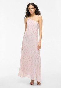Maxi dress in sheer, light pink fabric with floral print, one-shoulder design, and flowing silhouette. Features a subtle, delicate texture.