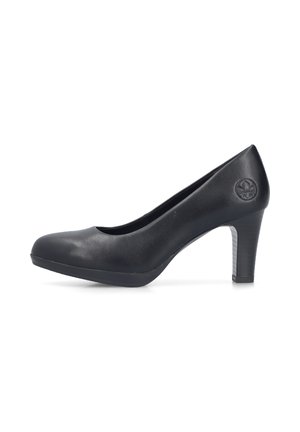 Escarpin noir à talon haut avec bout arrondi et logo embossé sur le côté, en cuir lisse.