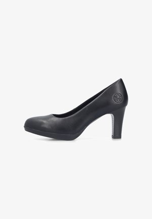 Escarpin noir à talon haut avec bout arrondi et logo embossé sur le côté, en cuir lisse.