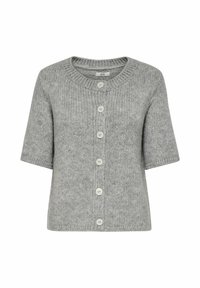 Cardigan en tricot gris à manches courtes, col rond et six boutons blancs sur le devant. Tissu texturé sur l'ensemble.