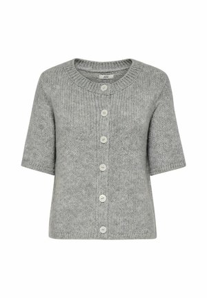 Cardigan en tricot gris à manches courtes, col rond et six boutons blancs sur le devant. Tissu texturé sur l'ensemble.