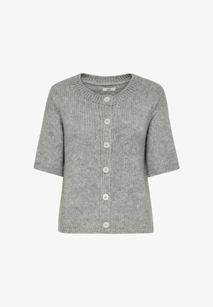 Siv krožnikasti kardigan s kratkimi rokavi, okroglim izrezom in šestimi belimi gumbi spredaj. Teksturovan material po celotni dolžini.