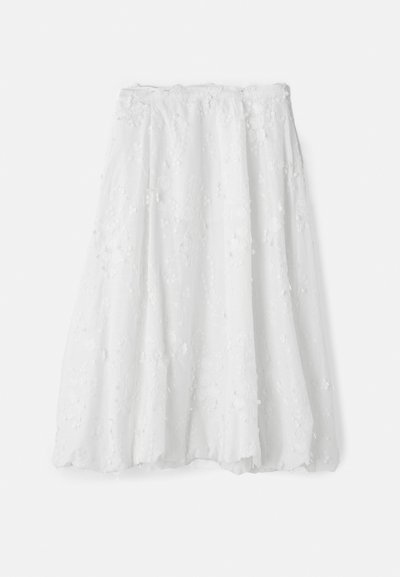 Weißer Rock aus strukturiertem Stoff, mit floralen Stickereien, einem fließenden Design und einem elastischen Bund.