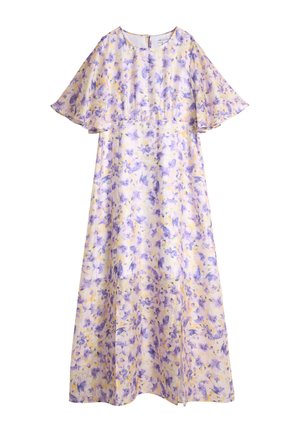 Blomstrete maxi-kjole i pastellgul med lilla og blå mønstre. Har korte fladdrende ermer og en avslappet passform. Glidelås i ryggen.