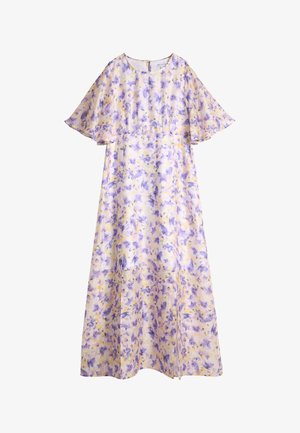 Blomstrete maxi-kjole i pastellgul med lilla og blå mønstre. Har korte fladdrende ermer og en avslappet passform. Glidelås i ryggen.