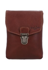 Brown leather pouch with a clasp closure, featuring a stitched edge and embossed branding. Compact rectangular shape, smooth texture.