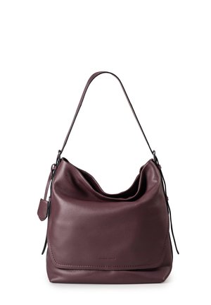 Dunkellila Leder-Schultertasche mit einem einzelnen Tragegurt und einer weichen, lässigen rechteckigen Form auf einem weißen Hintergrund.