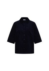 Marineblauwe ribfluwelen shirt met korte mouwen, knoopsluiting aan de voorkant, kraag en een linkerschouderzak. Voorzien van een gestructureerde stof en een ontspannen pasvorm.
