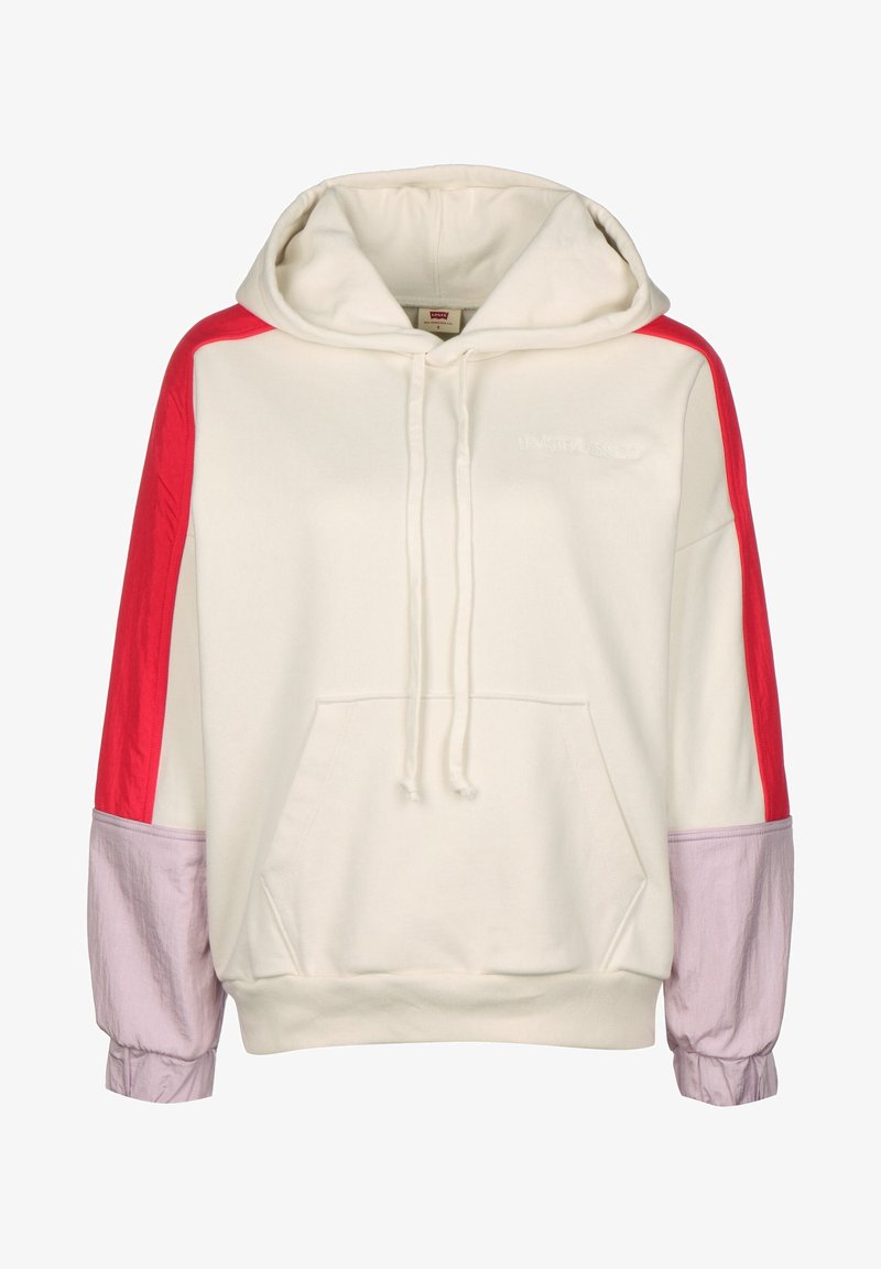 Crème hoodie met rode en lichtpaarse contrasterende mouwen. Voorzien van een frontzak en een trekkoorddetail. Gemaakt van zachte stof.