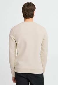Beige sweatshirt with a crew neck, long sleeves, and ribbed cuffs. Smooth texture and fitted design with a straight hem, viewed from the back.