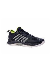 Zapatilla atlética de malla en color navy con acentos en verde lima, rayas blancas y una suela intermedia negra texturizada. Presenta un tirador y una suela exterior de goma duradera.