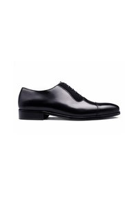 Zwarte leren nette schoen met een gladde afwerking, ronde neus en minimale veters, met een lage vierkante hak en zonder zichtbare patronen of accenten.