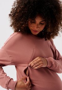 Rosa Langarmoberteil mit rundem Ausschnitt. Verfügt über einen Reißverschluss an der Seite, gefertigt aus weichem Stoff mit glatter Textur.